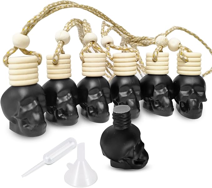 7PCS 15ML Skull Glass Bottle,Include Silica Gel Stopper,Wood Suspended Wooden Cover,1PCS Dropper and 1PCS MINI Funnel for Car Perfume Bottle,Home Decoration Bottle,Gift Bottle. (black)