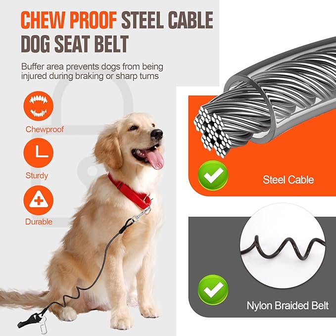 Dog Seat Belt for Car, Chew Proof Dog Leash 2 in 1 Steel Cable with Elastic Bungee Buffer Doggie Seatbelt Harness Latch Bar Attachment Heavy Duty Seat Belt for Dogs in Car for Medium Large