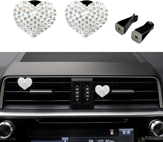 2PCS Bling Heart Air Vent Clips, Heart Shaped Crystal Air Freshener Vent Clips, Rhinestone Air Conditioning Outlet Clip, Universal Interior Decor Car Accessories for Women Girl (White)