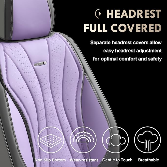 Coverado Seat Covers Full Set, Leather Car Seat Covers, Waterproof Seat Covers for Cars, Front and Back Car Seat Protectors, Car Seat Cushions Universal Fit for Most Cars (Gray&Purple)