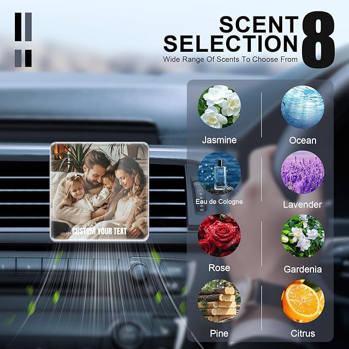 Personalized Car Air Vent Clip, Custom Photo Car Air Freshener Vent Clip with 8 Scents, Decorative Car Accessories Interior, Unique Gift for Couples, Friends & Family (Square)