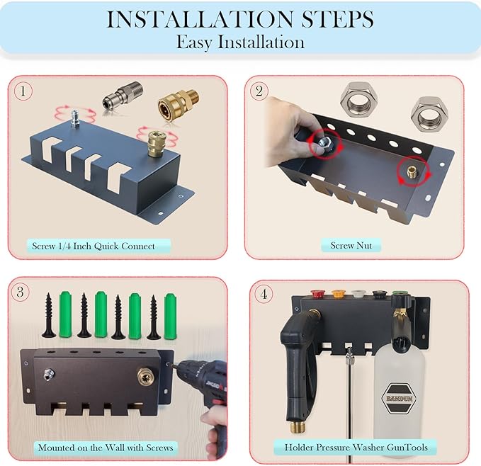 Pressure Washer Gun Holder-Foam Cannon Holder-for Foam Cannon,Pressure Washer Nozzle Tip and Pressure Wand Extension Storage Rack(fit 1/4" Quick Connector) Pressure Wwasher Accessories Holder