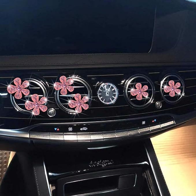 6 Pcs Pink Bling Flower Air Vent Clips, Cute Daisy Car Air Fresheners Vents Clips Car Diffuser Rhinestone Interior Decoration Charm Diamond Car Decor Bling Accessories for Women Girls, Decorations