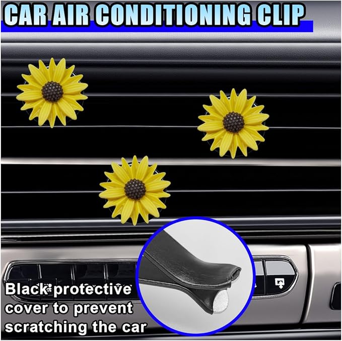 3PCS Daisy Flower Car Dashboard Air Vent Trim Clip, Cute Daisy Air Conditioner Outlet Clip Car Charm for Women, Car Air Vent Clip Auto Interior Decoration for Girls Present (Yellow)