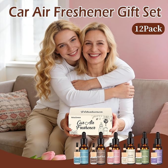 12 Pack Car Air Freshener & Refills, 6-Scent Hanging Air Freshener Diffuser Set -Each(8ml +20ml Refill), Essential Oil Diffuser With Refill Bottles, Reusable Car Fragrance Decor Accessories