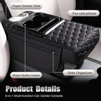 Priprilod Car Center Console Armrest Pillow, Leather Memory Foam Car Armrest Cushion with Cup Holder & Phone Holder, Universal Armrest Storage Box Protector for Most Vehicles, Car Accessories (Black)
