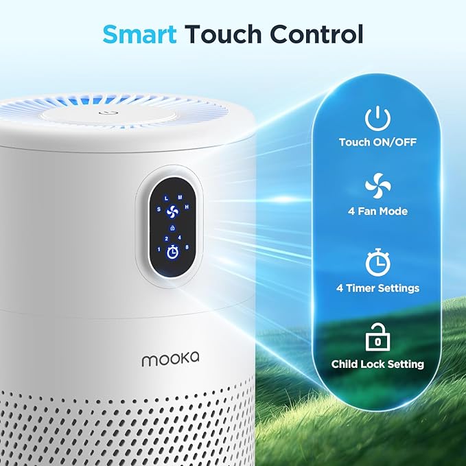 MOOKA Air Purifiers for Home Large Room up to 1076ft², H13 True HEPA Air Filter Cleaner, Odor Eliminator, Remove Smoke Dust Pollen Pet Dander, Night Light, B-D02L White