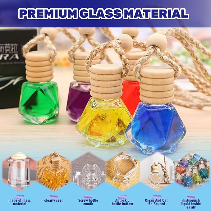 30 Pcs Clear Glass Car Air Freshener Diffuser with Wooden Caps & Hanging String, Empty Essential Oil Bottles Aromatherapy Fragrance Perfume Vials Holder for Car Decor