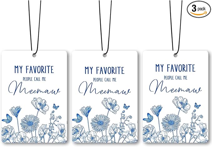 Meemaw Grandma Gifts Car Air Freshener Accessories 3pcs,My Favorite People Call Me Gifts for Grandma Christmas,Rustic Blue Flower Hanging Scent Fragrance Card for Women Closet Home Decor