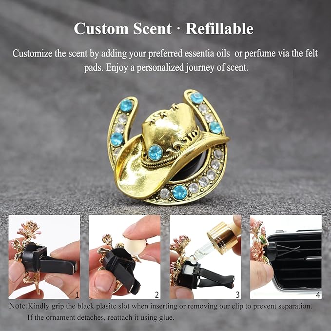 Cowboy Cowgirl Car Air Freshener Vent Clip,Bling Western Car Decor,1pc Women Men Vehicles Trucks Dashboard Decoration Accessories,Refillable Alloy Cowboy Hat Charm Diffuser