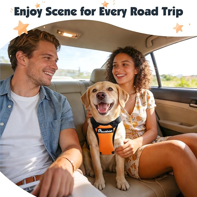 Pawaboo Dog Seat Belt Harness for Car, Dog Car Harness Seatbelt with Double Clips, Adjustable Breathable Pet Vest & Dogs Safety Tether with Elastic Bungee for Small Medium Large Pet, XXL, Orange/Black