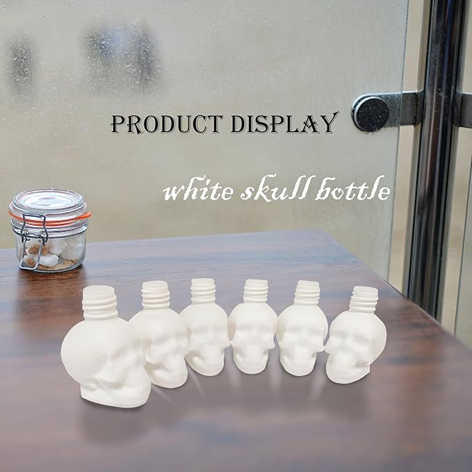 7PCS 15ML Skull Glass Bottle Set, Include Silica Gel Stopper, Wooden Cover, Dropper & Funnel for Car/Home/School Gift/Decoration/Office, White