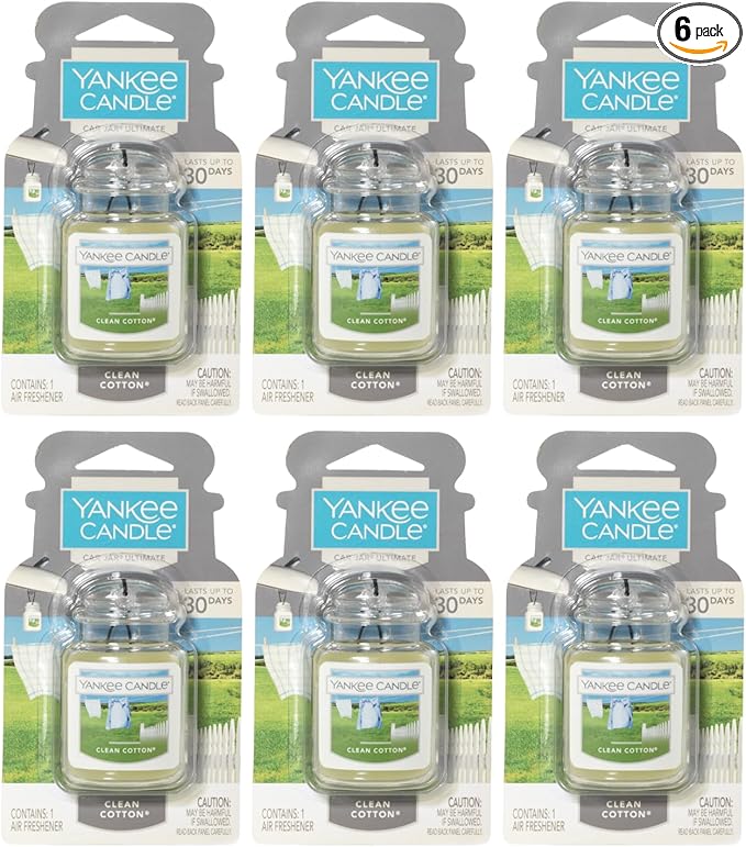 Yankee Candle Car Air Fresheners, Hanging Car Jar Ultimate, Neutralizes Odors Up To 30 Days, Clean Cotton, 0.96 OZ (Pack of 6)