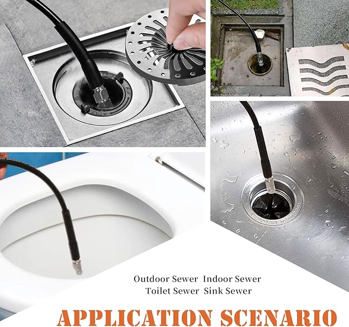 Sewer Jetter Kit for Pressure Washer 200FT, 5800PSI Drain Cleaner Hose with 1/4 Inch NPT Corner, Rotating Nozzle and 4 Different Button Nose Sewer Jet Nozzles, Waterproof Tape and 2 Spanners (Black)