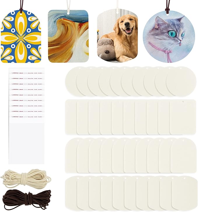 Temlum 40 Pcs Sublimation Air Freshener Blanks with Elastic Rope, Clear Bag, Sublimation Blanks Products DIY Air Freshener for Car, Home Hanging Decoration Sublimation Accessories