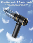 Handheld Car Vacuum Cleaner with Multiple Nozzles, Powerful Portable Design, Black with Gold Accents, Includes Brush and Crevice Tools