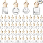 BOTO 100 Pcs Oil Air Freshener Diffuser with Wooden Cap Empty Essential Diffuser Aromatherapy Car Fresheners Clear Car Fragrance Holder Pendant Aesthetic Decor Hanging Perfume Bottle (Various Style)