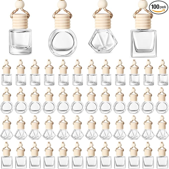 BOTO 100 Pcs Oil Air Freshener Diffuser with Wooden Cap Empty Essential Diffuser Aromatherapy Car Fresheners Clear Car Fragrance Holder Pendant Aesthetic Decor Hanging Perfume Bottle (Various Style)