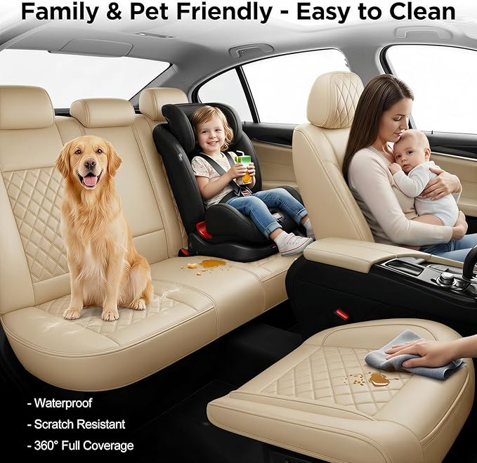 Santa Fe Seat Covers Custom Fit for Hyundai Santa Fe 2007-2026 (Only 5-Seat Version) - Full Set Premium Leather, Waterproof, All-Weather, Airbag Compatible, Car Seat Protectors (Beige)