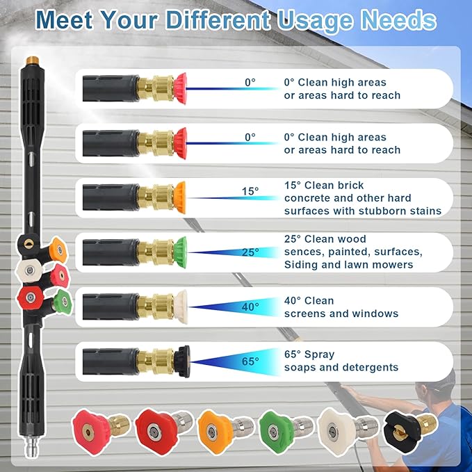 Upgraded Pressure Washer Extension Wand,Up to 115in,4000 PSI Gutter Cleaner Attachment with 6 Tips,1/4"Quick Connect, Leak-Resistant Ring