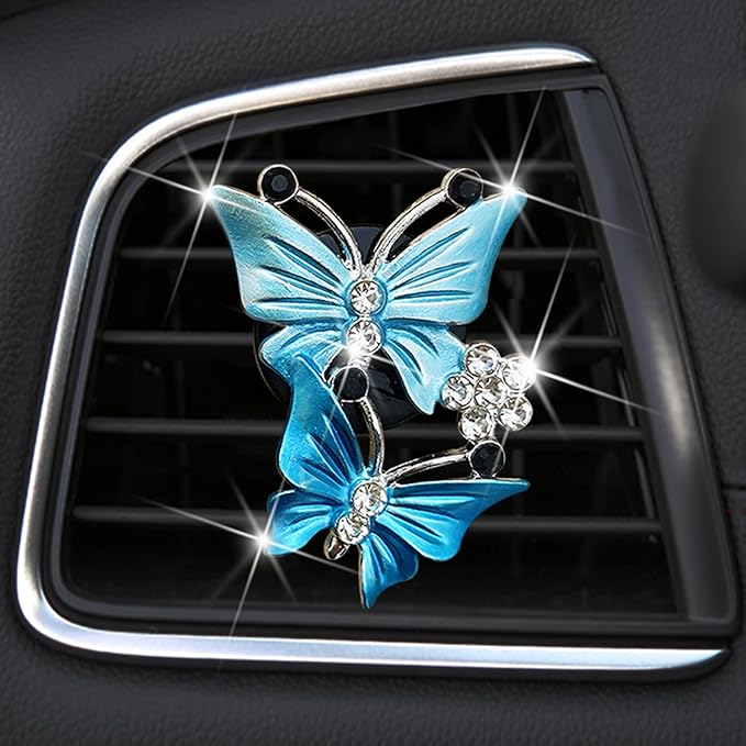 Car Air Fresheners Vent Clips for Women, Cute Dual Butterfly Diamond Rhinestone Air Freshener Vent Clip Sparkly Bling Car Accessories for Women (Blue)