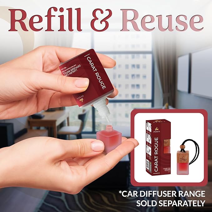 Carat Rouge Car Air Fresheners (Refill) | Affordable Fragrance for Women | 50ml Diffuser Refill with 3-Month Long-Lasting Aroma | Gift-Ready Women’s Perfume Scent by Perfa | Fresh Aroma for Daily