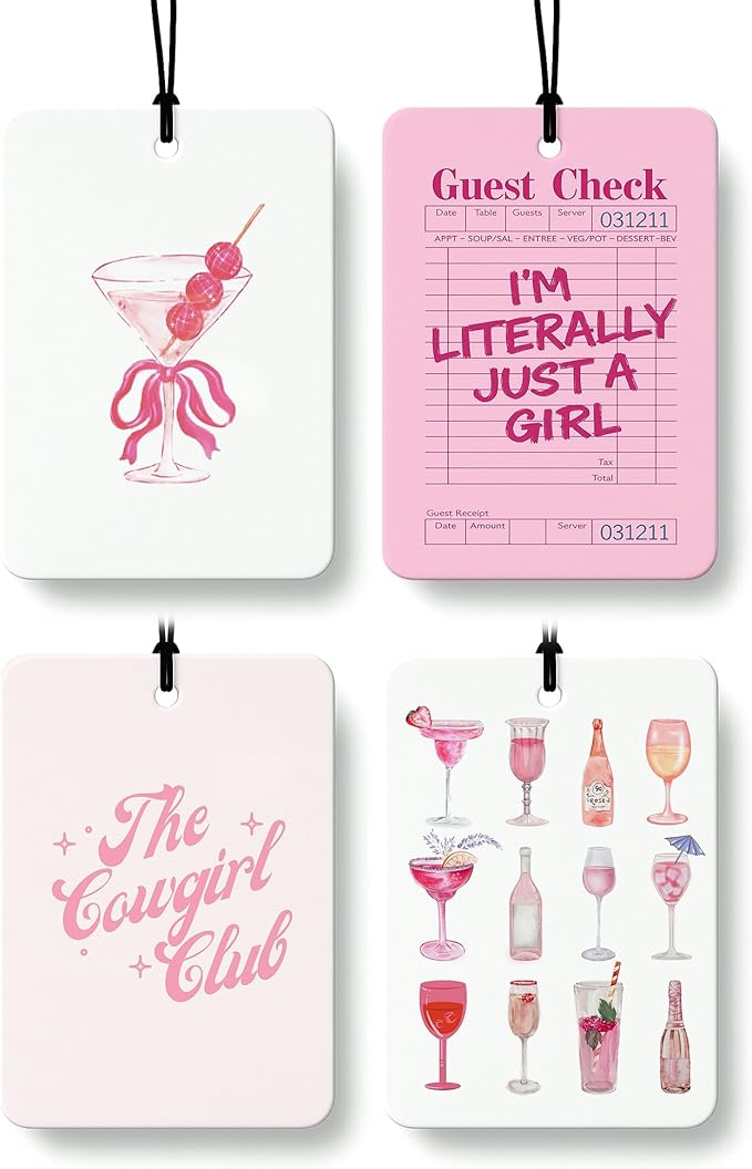 Pink Western Cologne Car Air Freshener 4 Pcs, Preppy Retro Guest Check Cocktail Cowgirl Hanging Air Freshener for Cars Bathroom Dorm Books Decor, Cute Girly Accessories Gifts for Women Girls