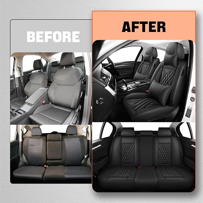 Car Seat Covers Compatible with Toyota Camry 2012-2026 Durable Waterproof Automotive Seat Covers Stretchable Fabric Material, Airbag Compatibility, Premium Nappa Leather(Black, Full Set with Pillow)