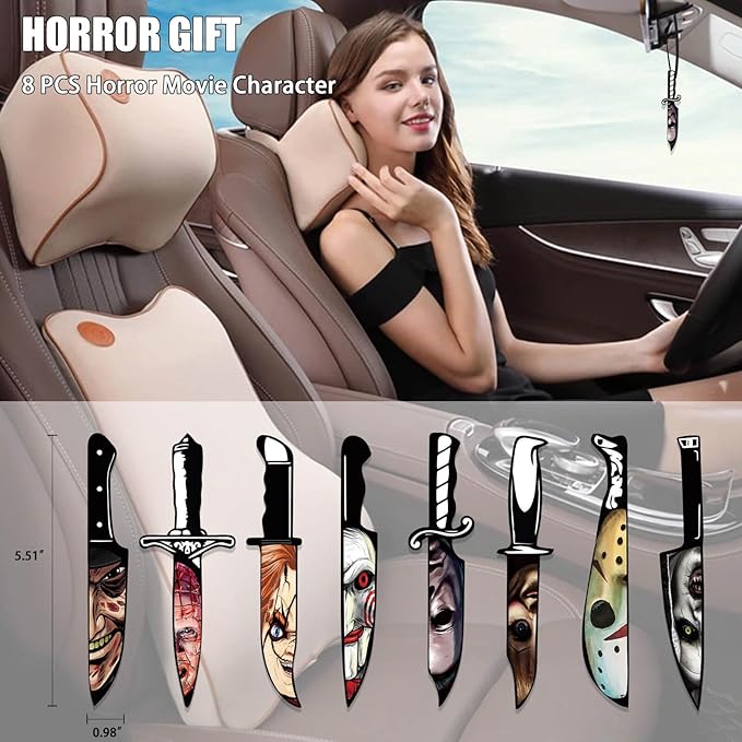 Car Air Fresheners Horror Movie Merchandise Gifts Christmas Tree Decoration 8PCS, Mirror Hanging Knife Ornament Classic Character Indoor Accessory for Men Women Lover Blk Ice Scent