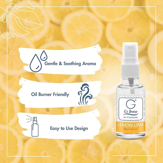 G's Breeze Lemon Lime Air Freshener - Refreshing & Energizing Fragrance with Freshly Squeezed Lemon & Lime Essence - Long Lasting Zesty, Citrus Aroma- Ideal Scent Choice for Home, Car & Office