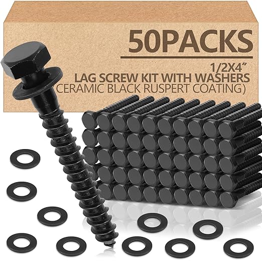Tandefio 50 Pack 1/2''x 4'' Ceramic Black Lag Screw Kit with Washers Hex Lag Bolts Wood Screws Heavy Duty Ruspert Coating Hot Dip Galvanized Double Layer for Wood Decks Fences