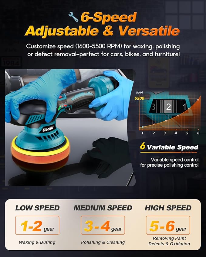 Cordless Car Buffer Polisher Kit, 6" Dual Action Random Orbital Polisher, 6 Variable Speed (1600–5500 RPM) 2×21V 2000mAh Rechargeable Batteries, 13 PCS Polishing & Waxing Attachments for Car Detailing