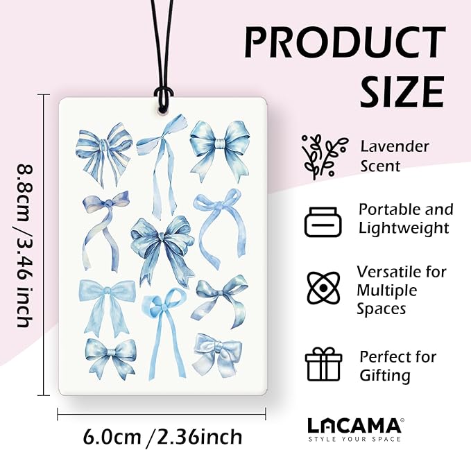 Lacama Blue Car Air Freshener 3Pcs, Watercolor Coquette Bow Love Cars Scents Air Freshener for Women Girls Gifts, Preppy Coquette Car Accessories Interior Mirror Decor Hanging