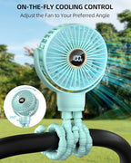 Portable Stroller Mini Fan, Small Rechargeable Personal Fan, Travel Essentials for Baby, Wagon, Car Seat, Treadmill, Battery Powered Biking Gear Accessories, 360° Rotation, 3-Speed, Display, Aqua