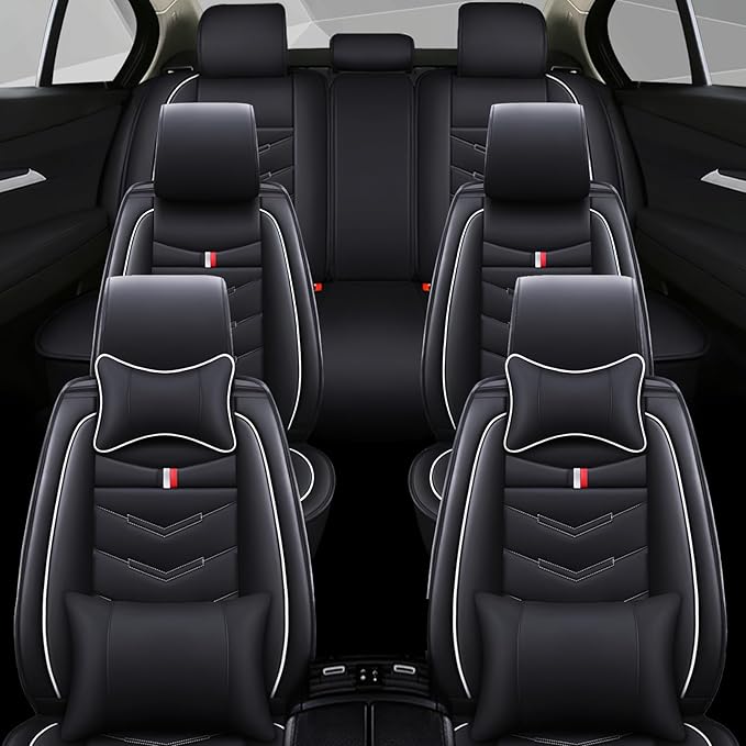 Car Seat Cover 6 Seats for Ford Explorer 2000-2026, Waterproof Durable Compatible Airbag, Premium Leather Seat Protector(6 Seats Luxury,Black White)