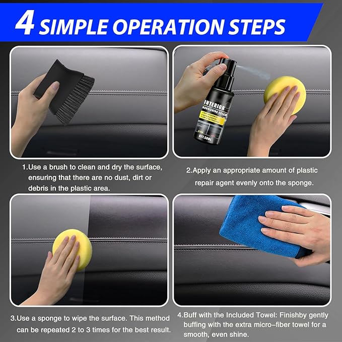 Plastic Trim Restorer, 7pcs Cars Interior Trim Scratch Remover Kit with Brush, Sponge, Microfiber Towel, Nourishing Cream Restorer Shines Darkens Faded Plastic & Rubber, 30mlx2