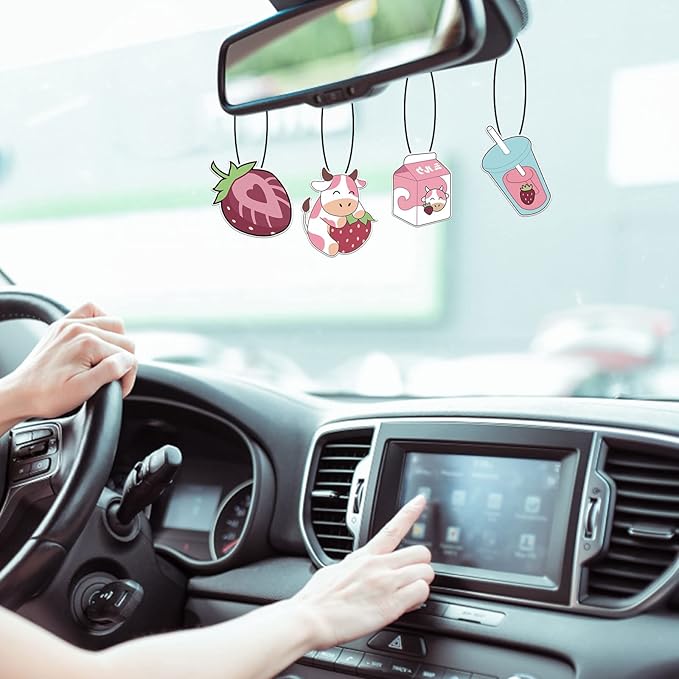 4 Pcs Bubble Tea Strawberry Milk Car Air Fresheners, Strawberry Funny Hanging Car Air Fresheners Cute Car Mirror Scented Hanging Car Decoration Ornaments Gift Car Interior Decor Accessories for Men Women