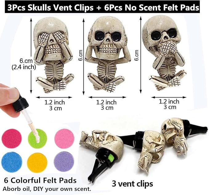 Evil Skull Car Air Fresheners Vent Clips, Cool Skull Car Accessories with 6 Felt Pads, Cute Automotive Halloween Decorations Interior for Men Women