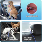 Dog Car Seat Belt - 3-in-1 Heavy Duty Safety Harness with Locking Carabiner, Universal Buckle Adapter, Chew-Proof Steel Rope (Blue, 24in/60cm)