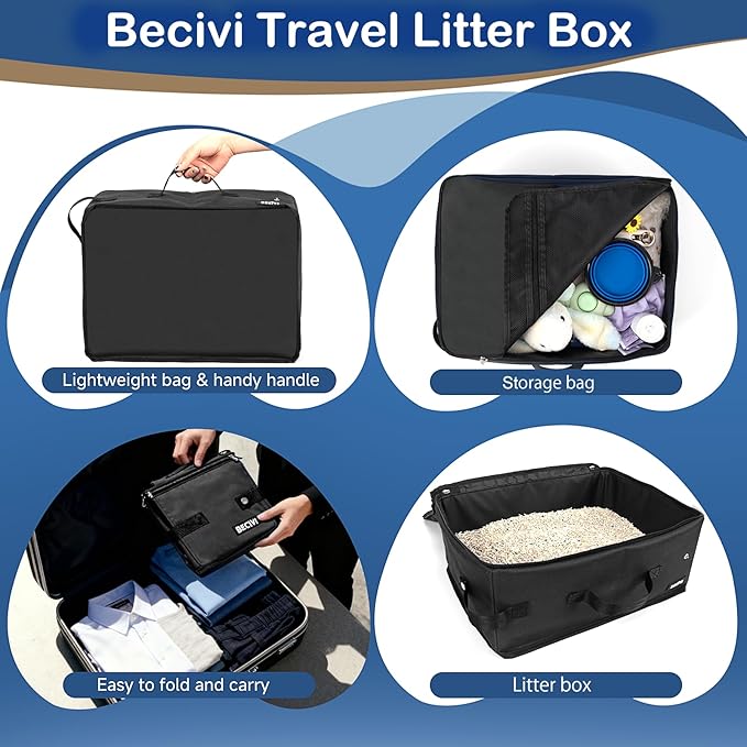 Portable Cat Travel Litter Box with Lid and 10 Pcs Disposable Liner Bags, Leak-Proof & Collapsible, Easy Clean Odor-Control Cat Travel Essentials for Car, Hotel, Airplane, Camping,Trips Black