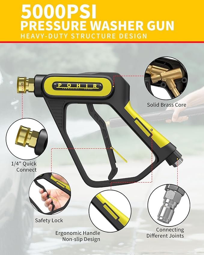 POHIR 5000 PSI Pressure Washer Gun with Foam Cannon, Sprayer Snow Foam Lance Power Washing Gun, 1/4 Inch Quick Connector with Nozzle Tips (Gun+Foam Cannon+Nozzle)