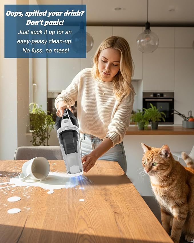BRL Handheld Vacuum Cordless, Car Vacuum Cleaner with Powerful Suction, 2 Modes Mini Hand Vacuum, Dry & Wet, LED Light, Portable Vacuum for Car Pet Hair, Home, Office, Keyboards White Sliver