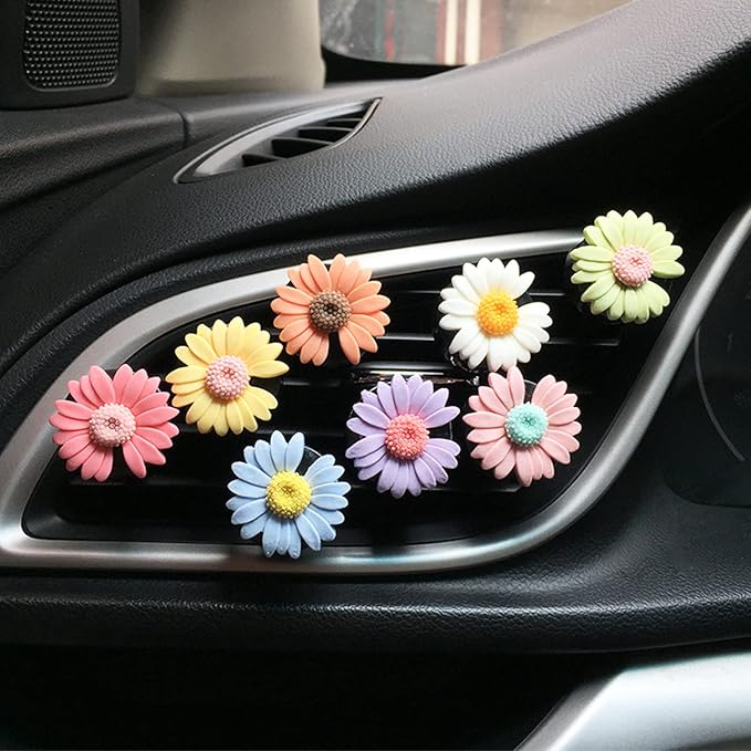 2 Pieces Daisy Flower Air Vent Clip Cute Car Air Freshener Clip Boho Car Air Outlet Decorations Charm Car Inter Decor Accessories for Girls Women