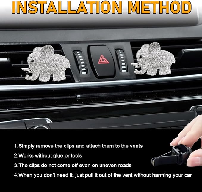 2 PCS Bling Car Air Vent Clip, Cute Elephant Crystal Air Conditioning Outlet Clip, Air Fresheners Diffuser Clip Charm, Interior Decor Car Accessories For Women Girl