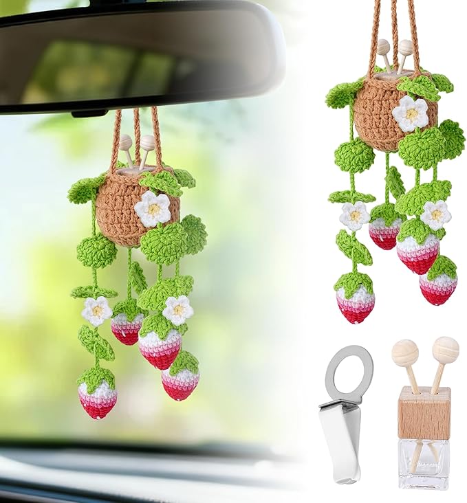 Crochet Car Air Freshener, 10ml Empty Refillable Oil Diffuser Bottle with Hanging Crochet Flower Strawberry Plant & Hanging Tools, Car Rearview Mirror Diffuser for Wall Art & Home & Office Decoration