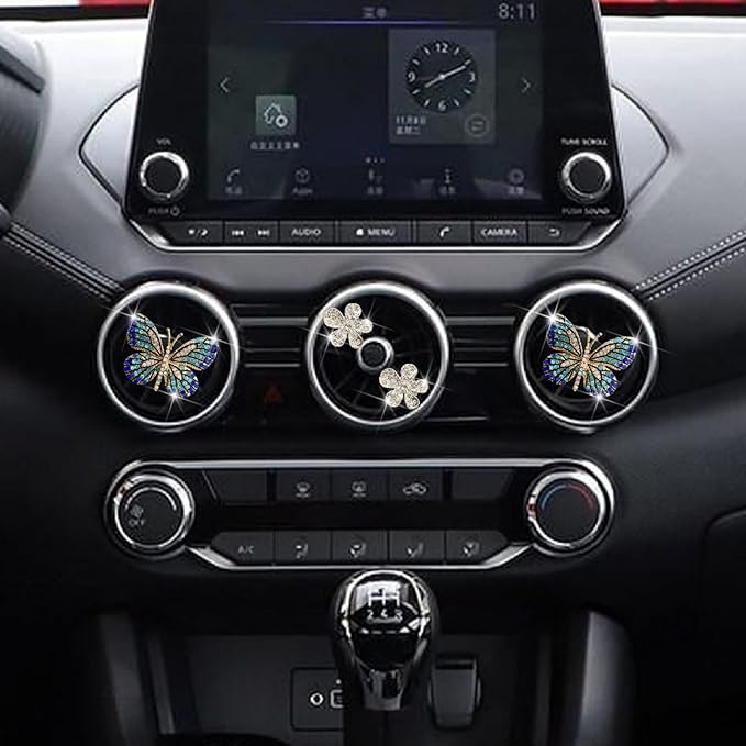 4 Pcs Blue Bling Butterfly Air Vent Clips, Crystal Daisy Car Air Fresheners Vent Clips Car Diffuser Vent Clip Rhinestone Diamond Flower Decoration Car Decor Bling Accessories for Women