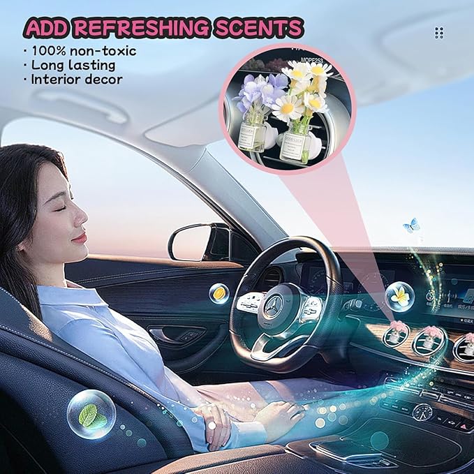 3 Packs Girl Girly Car Accessories for Women, Cute Car Decor Dashboard Decorations, Cute Flower Air Freshener Vent Clips, Auto Interior Dash Ornament Accessories