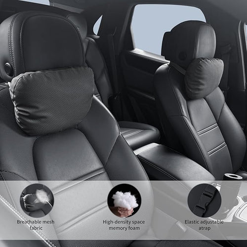 2 Pack Car Neck Pillows, PU Leather Car Headrest Support with Adjustable Strap, Ergonomic Dupont Bio Cotton Head Rest Pillow for Road Trips & Daily Commutes (Black, Soft Style)