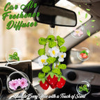 Crochet Car Air Freshener, 15ml Empty Refillable Oil Diffuser Bottle With Crochet Strawberry Hanging Plant for Car Accessories, Crochet Plant for Rear View Mirror Decor, Home and Office Decor