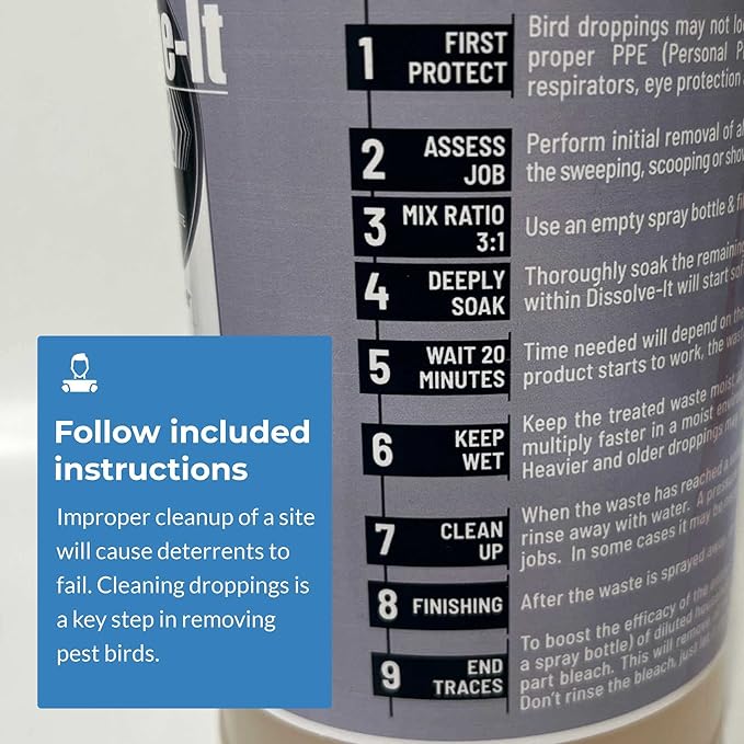 Bird Barrier Dissolve-It Enzyme Cleaner - Bird Dropping - Dissolves Waste – Treat Affected Areas Before Installing Bird Control Products - 1 Gallon Makes 2 Gallons